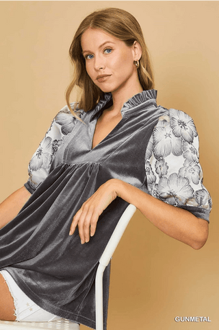 Gunmetal Floral Jacquard Contrast Sleeve Top - Boutique Bella Belladressy top