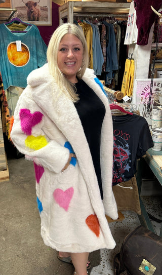 Hand Craft LoveHeart Bamboo Faux Fur Coat - Cream Multi Colored Hearts - Boutique Bella BellaCoat
