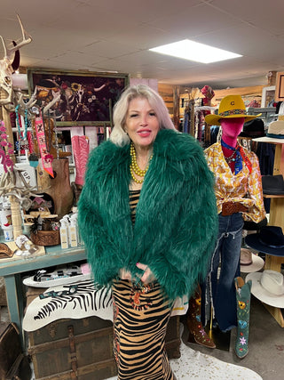 Hand cut Mongolian Fur Knitted Jacket - Green - Boutique Bella BellaCoat