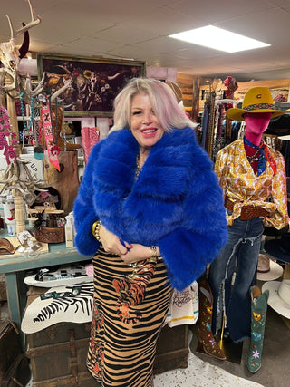 HandCrafted Eco Bamboo Faux Fur Jacket - Royal Blue - Boutique Bella BellaCoat