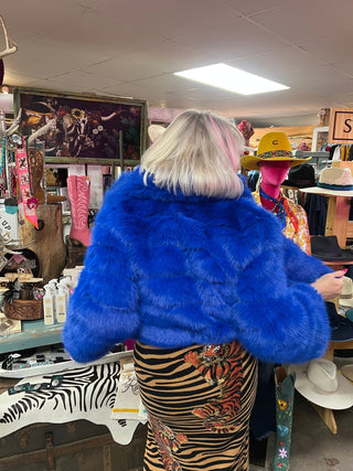 HandCrafted Eco Bamboo Faux Fur Jacket - Royal Blue - Boutique Bella BellaCoat