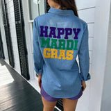 Happy Mardi Gras Denim Button Down - Boutique Bella Bella