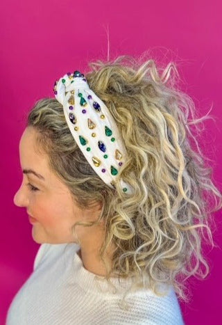 Headband Knot - Mardi Gras White with Rhinestone and Beads - Boutique Bella BellaDistress