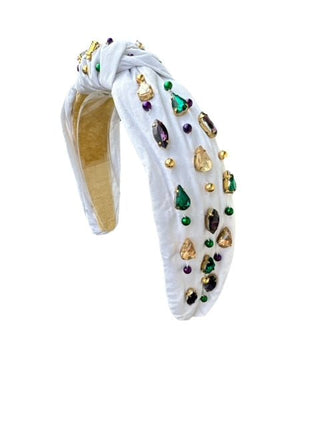 Headband Knot - Mardi Gras White with Rhinestone and Beads - Boutique Bella BellaDistress