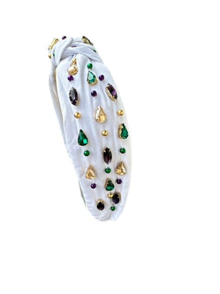 Headband Knot - Mardi Gras White with Rhinestone and Beads - Boutique Bella BellaDistress