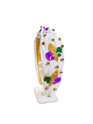 *Headband Knot - Mardi Gras - White with Sequin Fleur De Lis - Boutique Bella BellaDistress