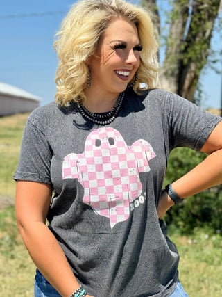 Hey Boo Checkered Ghost Tee - Boutique Bella Bellahalloween t-shirt