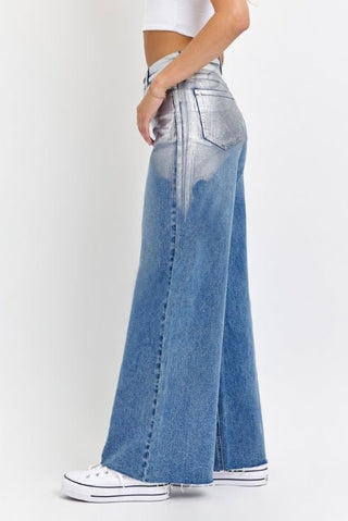 High Rise Silver Foiled Wide Leg Jeans - Boutique Bella BellaJeans