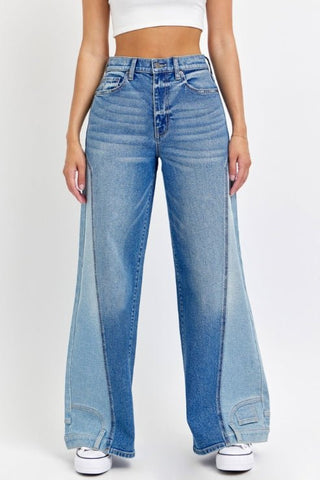 High Rise Two Tone Wide Leg Jeans - Boutique Bella BellaJeans