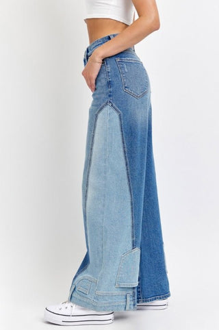 High Rise Two Tone Wide Leg Jeans - Boutique Bella BellaJeans