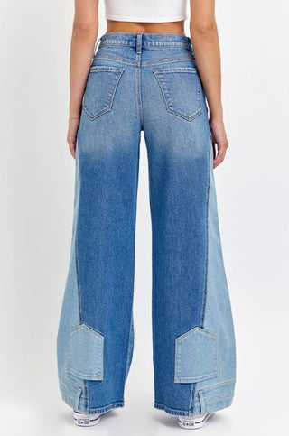 High Rise Two Tone Wide Leg Jeans - Boutique Bella BellaJeans