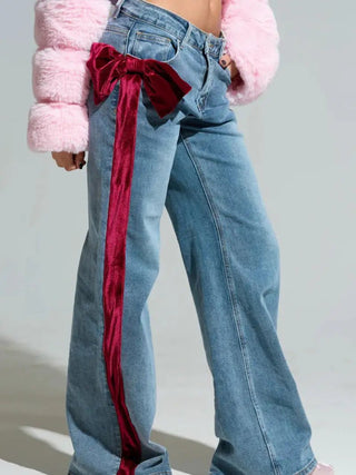 High - Waist Straight - Leg Jeans with Red Bow - Boutique Bella BellaJeans