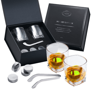 Hockey Whiskey Stones Set 7pcs 4 Hockey Puck Chill Stones With Cooling Gel Hockey Stick Tongs 2 Clas - Boutique Bella Bella