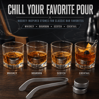 Hockey Whiskey Stones Set 7pcs 4 Hockey Puck Chill Stones With Cooling Gel Hockey Stick Tongs 2 Clas - Boutique Bella Bella