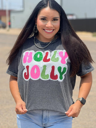 "Holly Jolly" Gillter Mineral Wash Tee - Boutique Bella BellaGraphic Tees