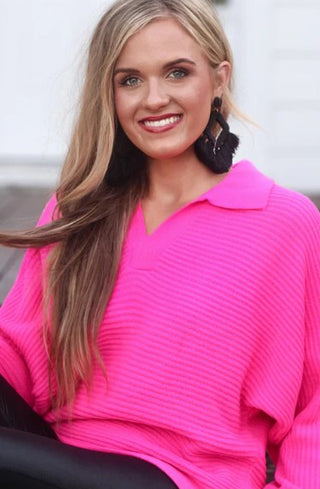 Hot Pink Zander Collared Sweater - Boutique Bella BellaSweater