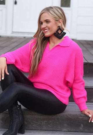 Hot Pink Zander Collared Sweater - Boutique Bella BellaSweater