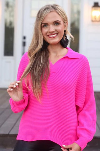 Hot Pink Zander Collared Sweater - Boutique Bella BellaSweater