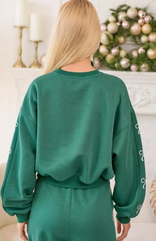 Hunter Green Coquette Ribbon Lounge Crewneck Top - Boutique Bella BellaSweatshirt