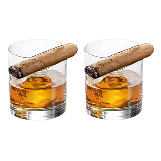 Cigar Holder Whiskey Glasses Set Of 2 Premium Barware Gift Elegant Drinkware Collection