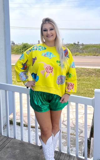 Queen of Sparkles- Neon Yellow Multi Fish Sweatshirt