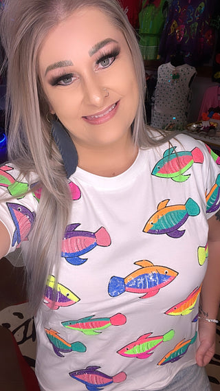 Queen Of Sparkles-White Neon Scattered Fish Tee