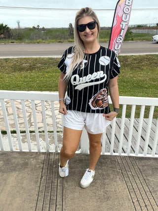 Queen of Sparkles-Black & White Batter Up Tee