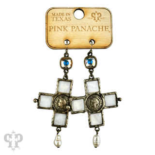 Iridescent pearl cross and coin earring, Austrian crystal - Boutique Bella BellaEarrings