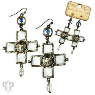 Iridescent pearl cross and coin earring, Austrian crystal - Boutique Bella BellaEarrings
