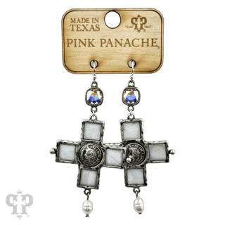 Iridescent pearl cross and coin earring, Austrian crystal - Boutique Bella BellaEarrings
