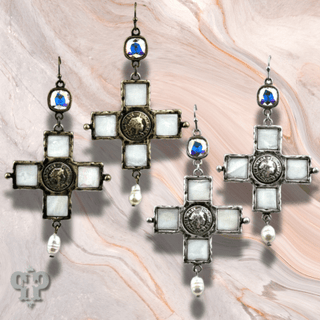 Iridescent pearl cross and coin earring, Austrian crystal - Boutique Bella BellaEarrings