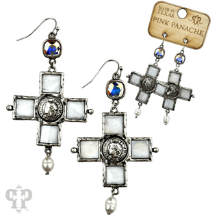 Iridescent pearl cross and coin earring, Austrian crystal - Boutique Bella BellaEarrings
