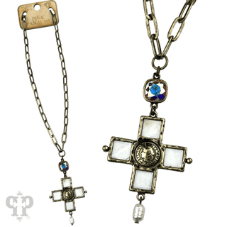 Iridescent pearl cross and coin necklace, Austrian crystal - Boutique Bella BellaNecklaces