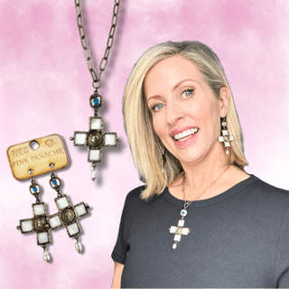 Iridescent pearl cross and coin necklace, Austrian crystal - Boutique Bella BellaNecklaces