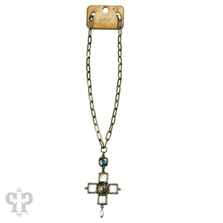 Iridescent pearl cross and coin necklace, Austrian crystal - Boutique Bella BellaNecklaces