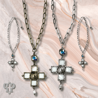 Iridescent pearl cross and coin necklace, Austrian crystal - Boutique Bella BellaNecklaces