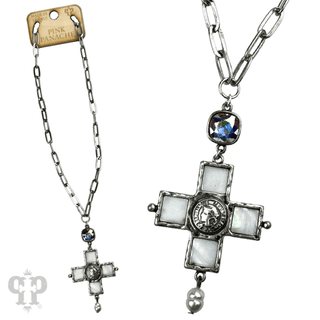 Iridescent pearl cross and coin necklace, Austrian crystal - Boutique Bella BellaNecklaces