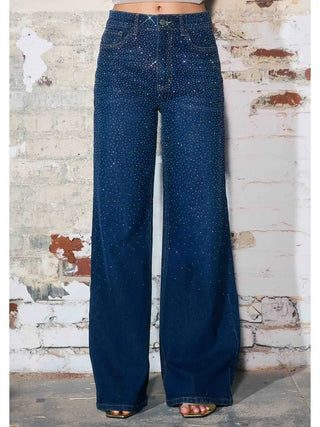 Iridescent Rhinestone High - Rise Wide Leg Jeans - Boutique Bella BellaJeans