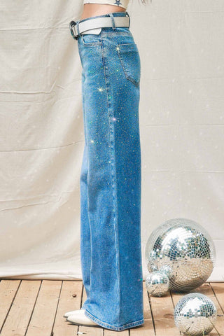 Iridescent Rhinestone High - rise Wide Leg Jeans - Boutique Bella BellaJeans