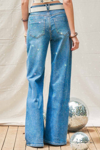 Iridescent Rhinestone High - rise Wide Leg Jeans - Boutique Bella BellaJeans