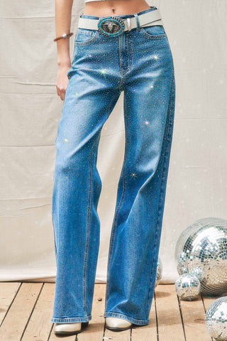 Iridescent Rhinestone High - rise Wide Leg Jeans - Boutique Bella BellaJeans