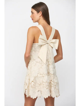 Ivory Floral Eyelet Bow - Back Mini Dress - Boutique Bella BellaDress