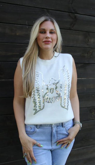 Ivory Sweater Vest with Sequin Eagle - Boutique Bella BellaTops