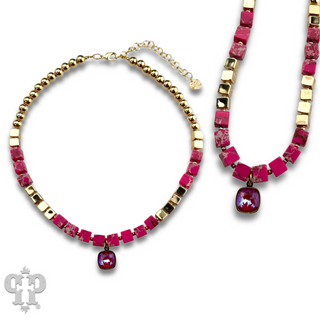 Fuchsia square bead necklace, Austrian crystal - LC