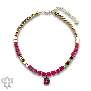 Fuchsia square bead necklace, Austrian crystal - LC