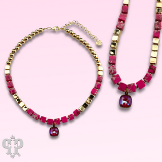 Fuchsia square bead necklace, Austrian crystal - LC