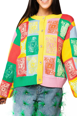 QOS Multi Colorblock Logo Button Up Cardigan