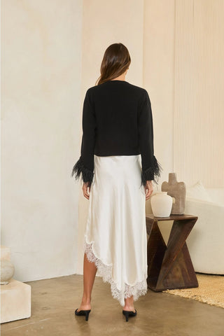 Jewel Button Feather-Trim Cardigan - Black - Boutique Bella BellaCardigan