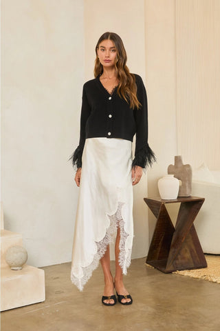 Jewel Button Feather-Trim Cardigan - Black - Boutique Bella BellaCardigan