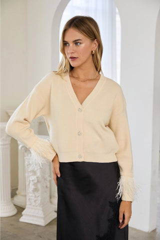 Jewel Button Feather-Trim Cardigan - Ivory - Boutique Bella BellaCardigan